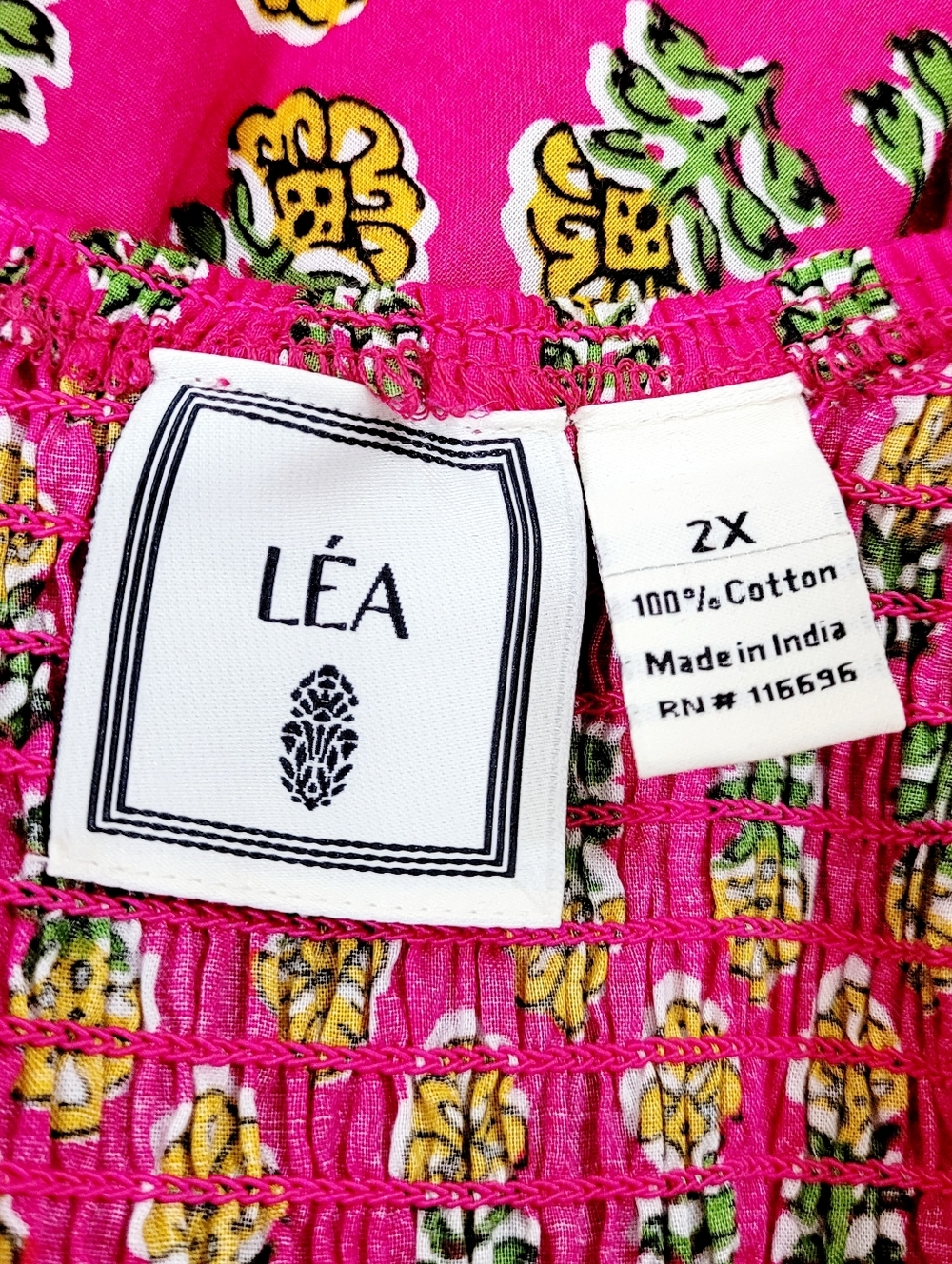 LEA Fuschia Floral Indian Block Print Smocked Puff Sleeve Maxi Dress 2X - Picture 2 of 8